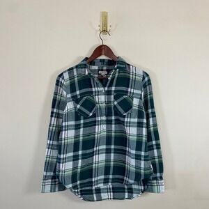 Merona Plaid Henley Shirt Green Flannel Women's Medium Cotton Gorpcore Granola